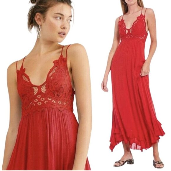 NEW Free People Size S Adella Maxi Slip Dress Sleeveless Boho Crochet Lace Red - Picture 1 of 15